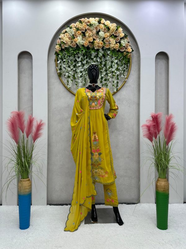 Fine Yellow Color Georgette Embroidery Real Mirror Salwar Suit