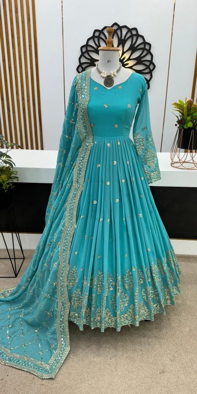 Graceful Blue Color Georgette Embroidery Sequence Work Gown