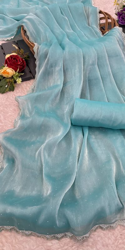 Grand Blue Color Soft Burberry Zimmy choo Silk Saree