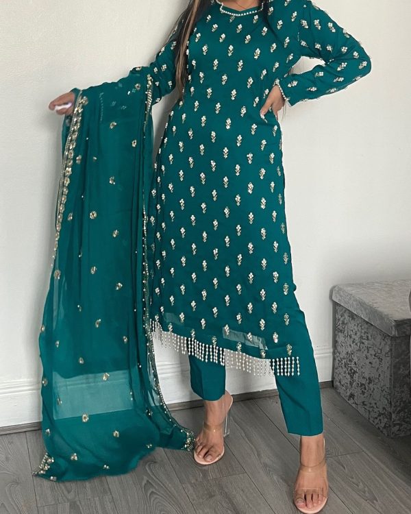 Grand Peacock Green Georgette Fancy Lace Border Salwar Suit