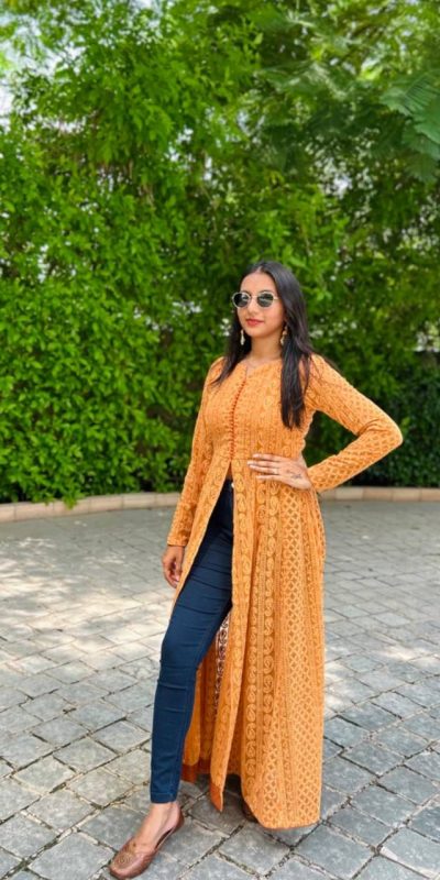 Nice Mustard Color Foux Georgette Chikankari Petal Button Kurti