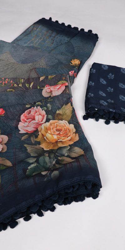 Nice Navy Blue Color Georgette Floral Printed Work Saree