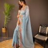 Peaceful Light Blue Color Soft Glossy Silk Embroidery Saree
