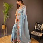 Peaceful Light Blue Color Soft Glossy Silk Embroidery Saree