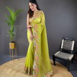 Peaceful Parrot Green Color Soft Glossy Silk Embroidery Saree