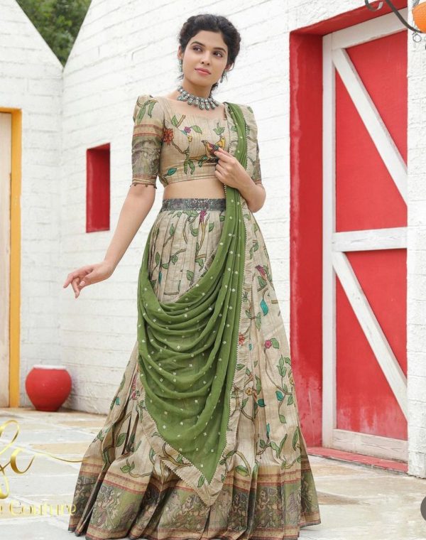 Perfect Chiku Color Malhari Silk Kalamkari Printed Lehenga Choli
