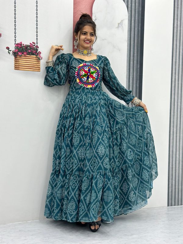 Perfect Green Color Bandhani Printed Gamathi Mirror Work Gown