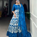 Sublime Royal Blue Color Tussar Silk Floral Printed Work Gown