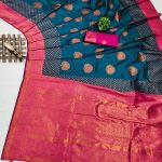 Superb Peacock Blue Color Soft Silk Copper Zari Design Saree