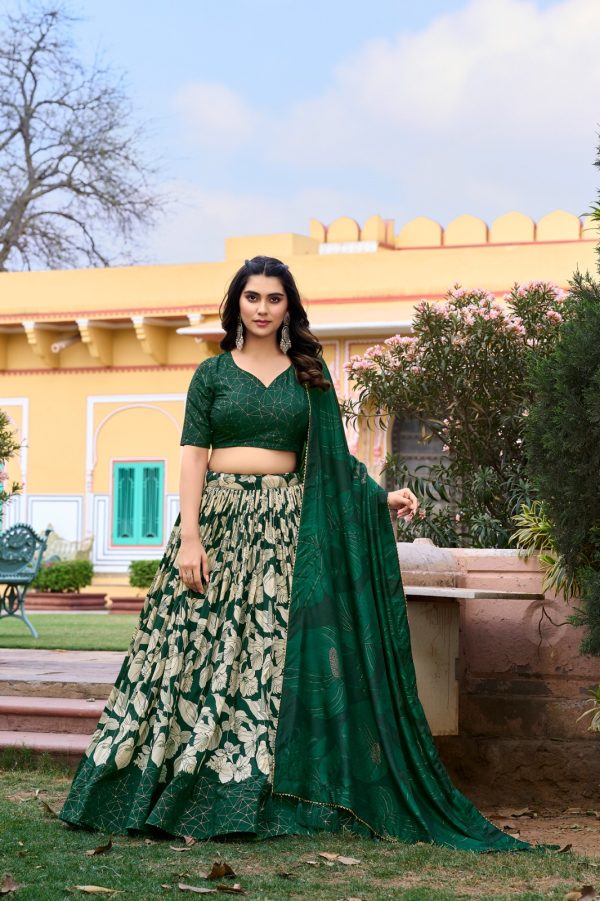 Pretty Green Color Tussar Silk Floral & Foil Printed Lehenga Choli