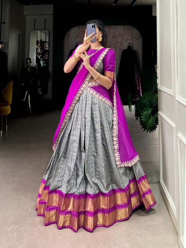 Amazing Grey Color Zari Chex With Zari Weaving Work Lehenga Choli