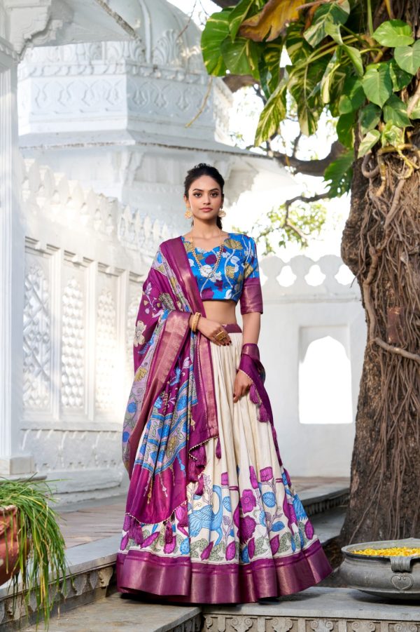 Amazing Violet Color Dola Silk Kalamkari Print Zari Border Lehenga Choli