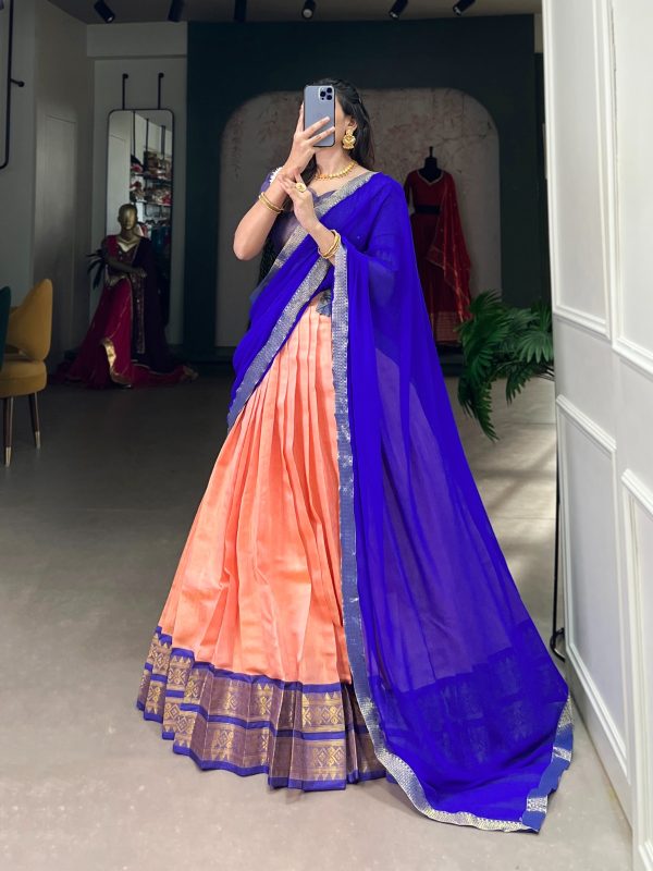Beautiful Peach Color Kanchipuram Zari Weaving Work Lehenga Choli