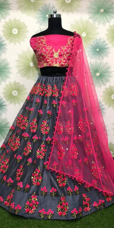 Fantastic Grey Color Zari Dorii Embroidery Net Lehenga Choli