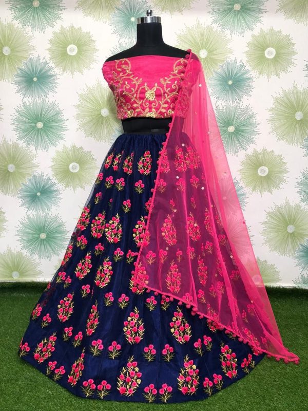 Fantastic Navy Blue Color Zari Dori Embroidery Net Lehenga Choli