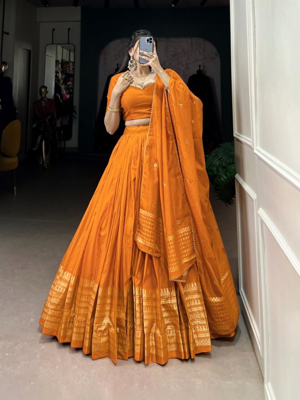 Pretty Orange Color Pure Chanderi Plain With Zari Weaving Work Border Lehenga Choli