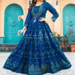 Stunning Blue Color Rayon Print Embroidery Work Long Anarkali Gown