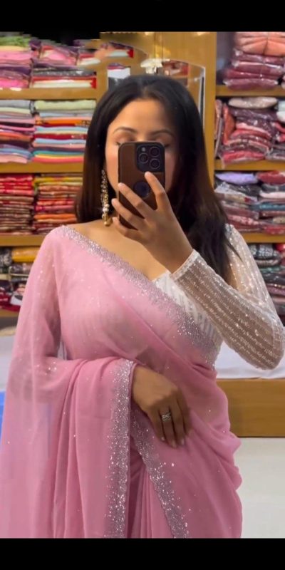 Amazing Light Pink Color Georgette Hot Fix Stone Work Saree