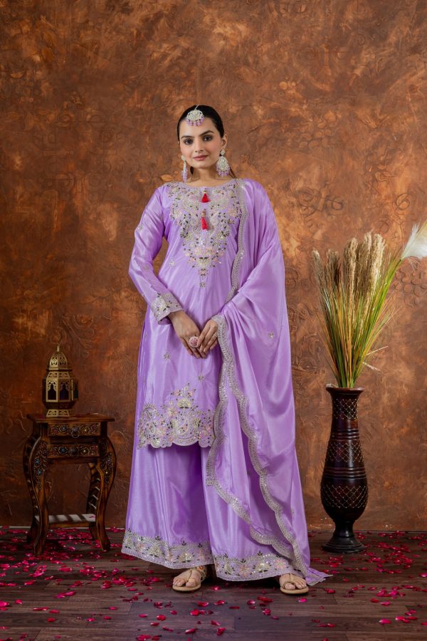 Amazing Purple Color Chinon Silk Embroidery 3mm Sequence Coding Dori Work Salwar Suit