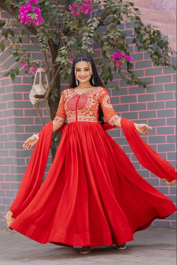 Beautiful Red Color chinon bandhrej Heavy 3mm Sequence Embroidery Work Anarkali  Gown