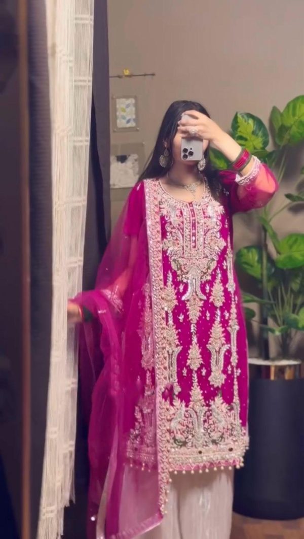 Glowing Pink Color Fox Georgette With Sequence Embroidery Work  Pari Lace Salwar Suit