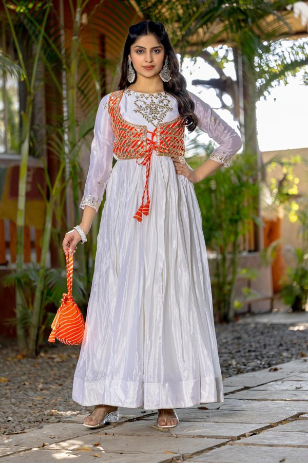 Magical White Color Chinon Laheriya Print Gotta Patti Cording Work Anarkali Gown