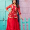 Nice Red Color Bandhej Embroidery Thared Work Lehenga Crop Top & Jacket