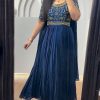 Stunning Navy Blue Color Chinon Silk Thread With Real Mirror Gown