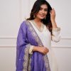 Stylist Half White Color Roman Silk With Purple Dupatta Coding Work Salwar Suit