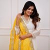 Stylist Half White Color Roman Silk With Yellow Dupatta Coding Work Salwar Suit