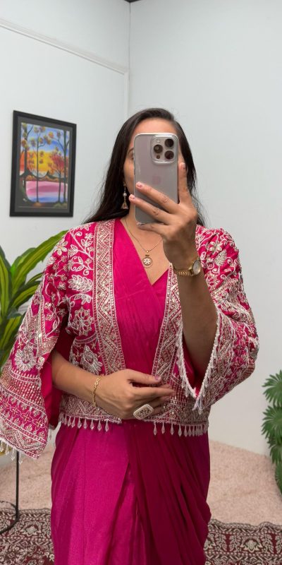 ST 1086 Pink Color Chinnon With Fully Embroidery Koti Ready To Wear Saree Wedding Party, Festive, Events Etc.4-6 Working Days@2049/- only | Gowns, Bollywood Gowns, Creative Gowns, Designer Gowns, Embroidered Gowns, Party Wear Gowns, Straight Suits