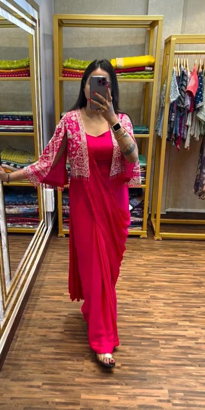 ST 1086 Pink Color Chinnon With Fully Embroidery Koti Ready To Wear Saree Wedding Party, Festive, Events Etc.4-6 Working Days@2049/- only | Gowns, Bollywood Gowns, Creative Gowns, Designer Gowns, Embroidered Gowns, Party Wear Gowns, Straight Suits