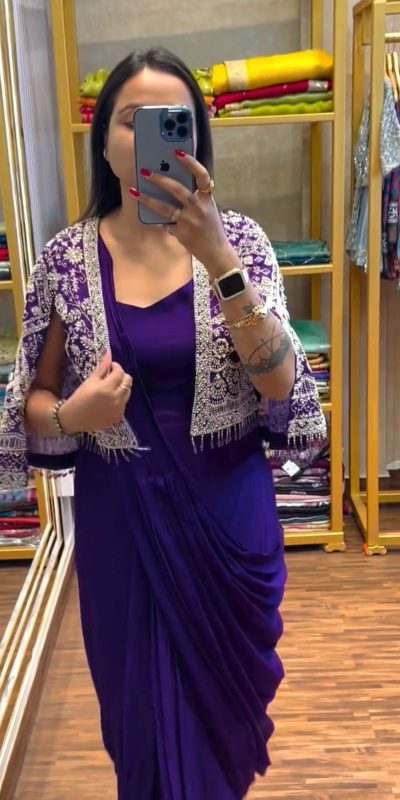 ST 1086 Purple Color Chinnon With Fully Embroidery Koti Ready To Wear Saree Wedding Party, Festive, Events Etc.4-6 Working Days@2049/- only | Gowns, Bollywood Gowns, Creative Gowns, Designer Gowns, Embroidered Gowns, Party Wear Gowns, Straight Suits