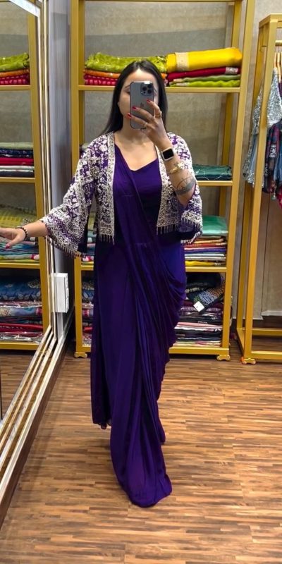 ST 1086 Purple Color Chinnon With Fully Embroidery Koti Ready To Wear Saree Wedding Party, Festive, Events Etc.4-6 Working Days@2049/- only | Gowns, Bollywood Gowns, Creative Gowns, Designer Gowns, Embroidered Gowns, Party Wear Gowns, Straight Suits