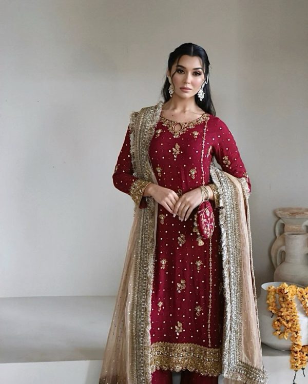 LG 1923 Red Color Faux Georgette With Sequence Handmade Moti Work Salwar Suit Casual, Wedding, Party, Festive, Events Etc.4-6 Working Days@ 2149/-only | Jump Suits, Salwar suit, Designer Suits, Casual Suits, Creative suits, Palazzo Suits, Party Wear Suits, Patiala Suits, Straight Suits