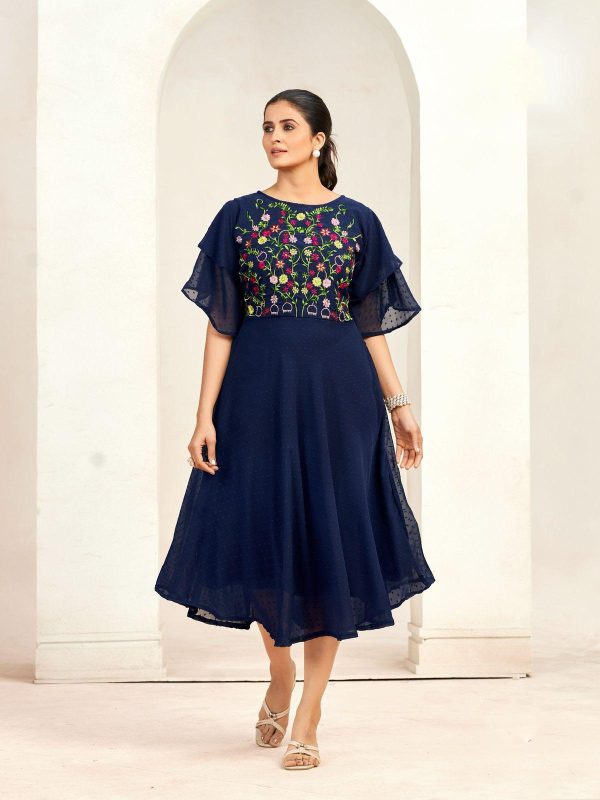 Aglow Navy Blue Color Georgette Butti Embroidery Thread Work Gown