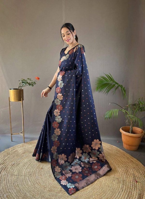 Aglow Navy Blue Color Soft Litchi Silk Kubera Pattu Saree