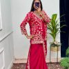 Aglow Red Color Chinon Work On Koti With Lace Border Saree