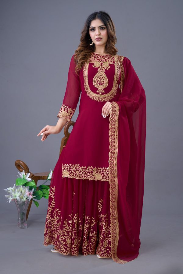 Amazing Red Color Faux Georgette Embroidery Sequence Work Salwar Suit