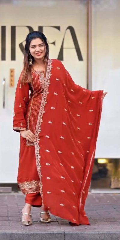 Bright Red Color Georgette With Embroidery Work Salwar Suit