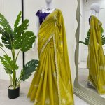 Classic Mustard Yellow Color Tesla Chiffon Work Thread Work Saree