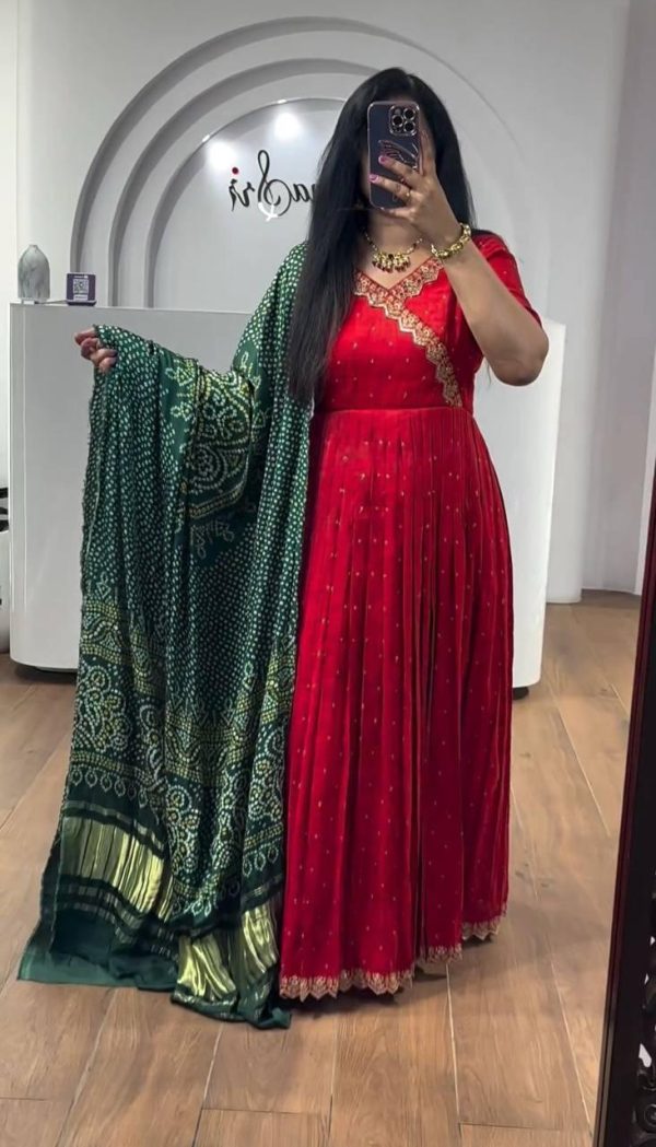 Elegant Red Color Chinon Thread Sequence Work Gown
