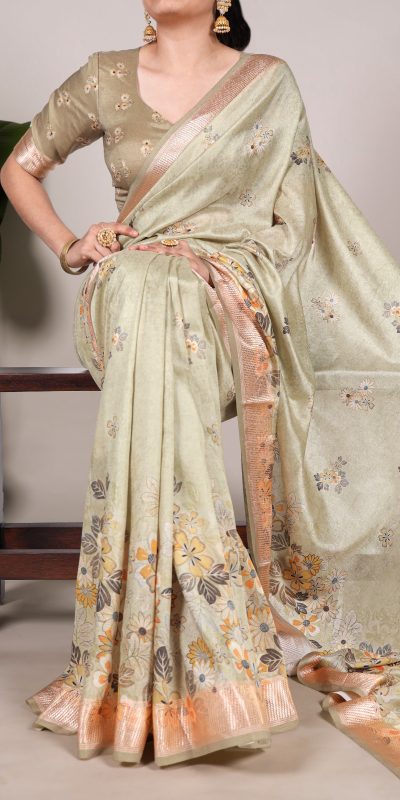 Glowing Light Pista Color Tushar Silk With Viscose Border Printed Saree