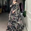 Magical Black Color Marble Floral Print Lace Touch Up Gown