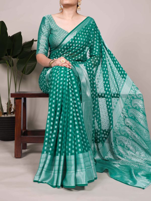 Magical Firozi Color Nylon Georgette Zari Weaving Work Saree