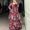 Magical Maroon Color Marble Floral Print Lace Touch Up Gown