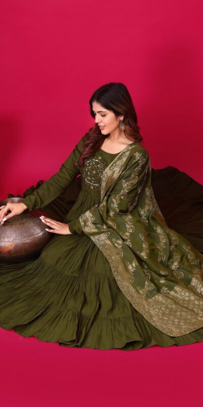 ZSR 3107 Mehandi Color Roman Silk With Embroidery Sequence Work Anarkali Gown Wedding Party, Festive, Events Etc.4-6 Working Days@1799/- only | Gowns, Bollywood Gowns, Creative Gowns, Designer Gowns, Embroidered Gowns, Party Wear Gowns, Straight Suits