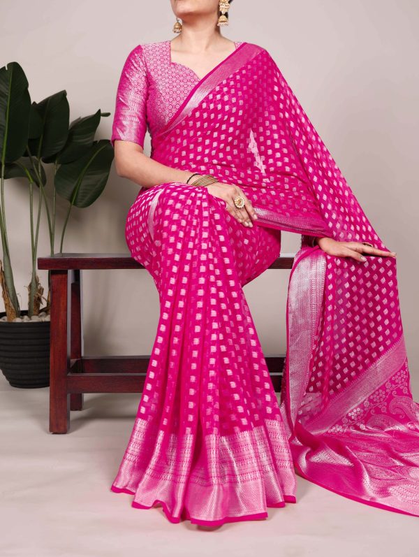 Magical Pink Color Nylon Georgette Zari Weaving Work Saree