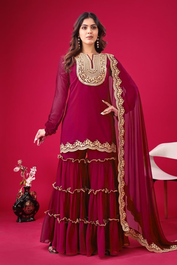 Magical Red Color Faux Georgette Embroidery Sequence Work Salwar Suit