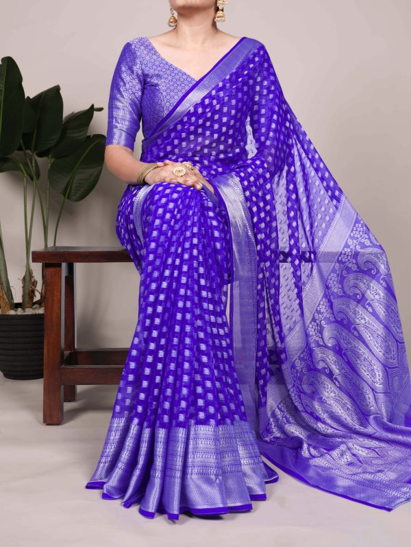 Magical Royal Blue Color Nylon Georgette Zari Weaving Work Saree